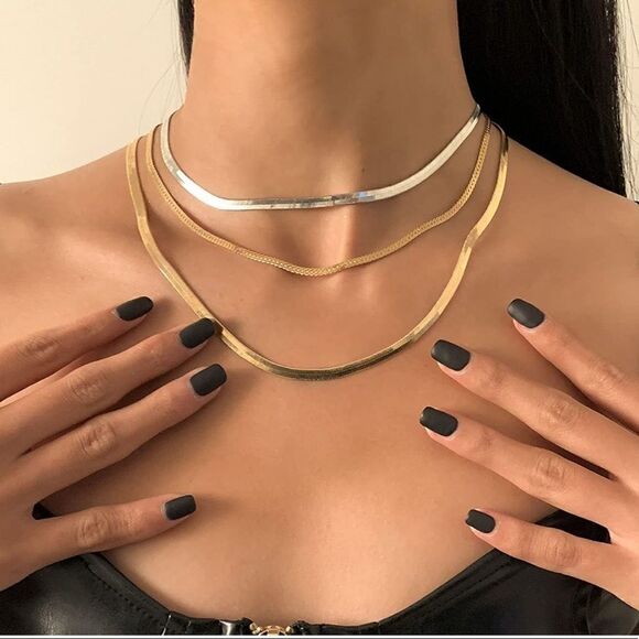 Layered Herringbone 3 Necklaces 14k Gold Plated - Picture 1 of 3